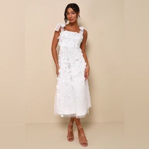 Effortlessly Sweet White Tulle 3D Floral Tie-Strap Midi Dress